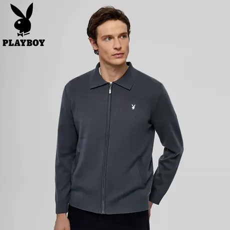 【14针羊毛】花花公子2025新款羊毛衫男翻领开衫外套灰黑色针织衫图片