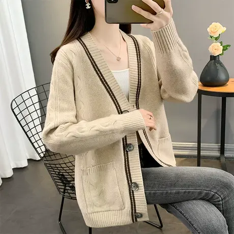 秋季2023新款女装v领毛衣女开衫宽松外穿口袋外套女针织上衣洋气图片