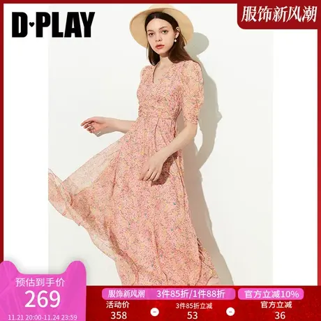 DPLAY夏季新款温柔度假风蜜粉碎花高腰捏褶印花连衣裙大摆裙商品大图