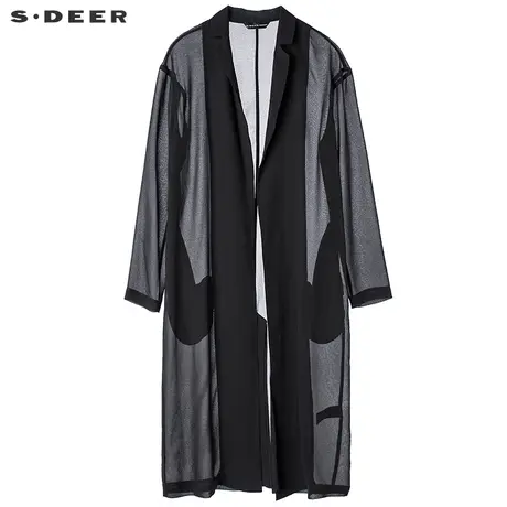 sdeer圣迪奥2019夏装纯黑长款开襟雪纺空调衫风衣防晒服S17281826图片