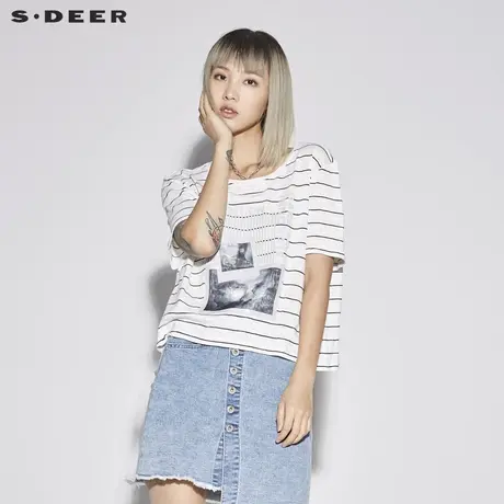sdeer圣迪奥2019新款女装夏装套头圆领条纹印胶短袖T恤S18280151图片