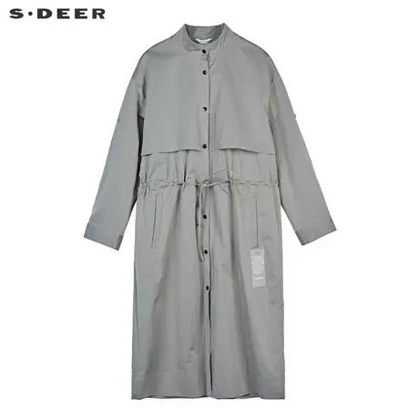 sdeer圣迪奥女2019秋气质立领字母贴布抽绳收腰H型风衣S19181811图片