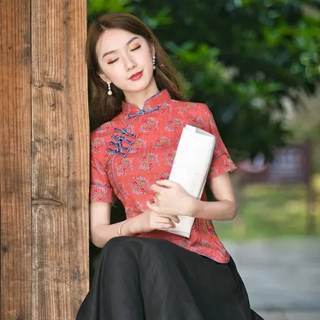 筠雅唐装女中国风改良旗袍上衣2025年夏季短袖茶服中式禅意女装商品大图