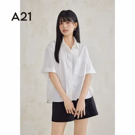 a21女装新款宽松翻领落肩短袖衬衫夏季女款上衣工装衬衣图片