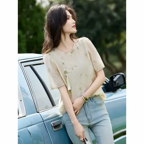 时尚气质国风刺绣短袖衬衫女2024年夏季新款小众休闲通勤显瘦上衣商品大图