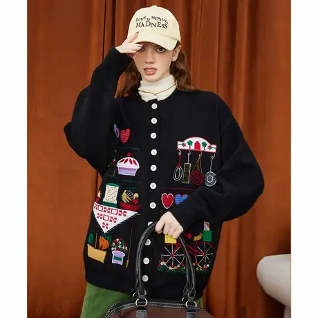 a02卡通复古刺绣减龄针织开衫新宽松学院风女式毛衣2025春季新款商品大图