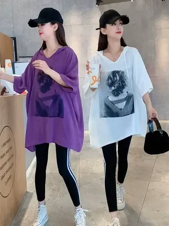 连帽半袖t恤女2025年夏季新款中长款印花美女图休闲宽松体恤上衣图片