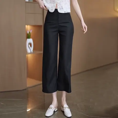 黑色天丝亚麻直筒休闲裤女夏季新款高腰显瘦薄款八分裤时尚阔腿裤商品大图