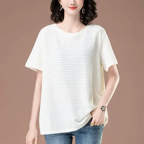 加肥加大码短袖t恤女夏装新款中年妈妈纯色百搭休闲圆领半袖体恤图片