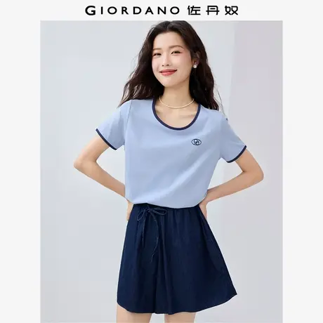 佐丹奴T恤女装黑科技冰氧酷刺绣撞色圆领针织短袖T恤 05325432商品大图