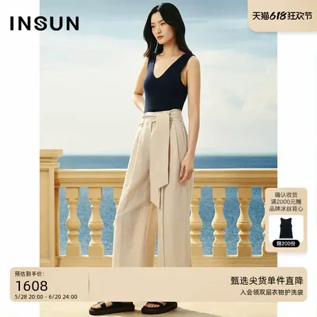INSUN恩裳夏装宽腰带浅卡其棉麻休闲阔腿裤商品大图