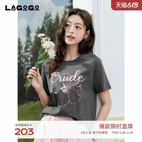 LAGOGO百搭灰色印花T恤女拉谷谷2025年夏季新款宽松时尚短袖上衣图片