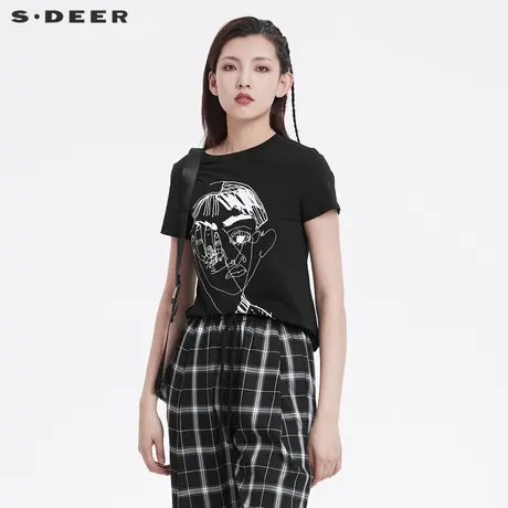 【入会专享】sdeer圣迪奥休闲撞色印花短袖T恤S22280158图片