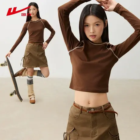ZH回力卡其色紧身长袖T恤2025年新款秋冬季小个子修身紧身上衣女图片