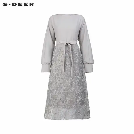 sdeer圣迪奥女装圆领收腰绣花网纱长袖连衣裙S244Z1268商品大图