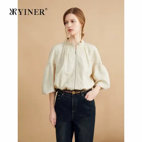 YINER音儿秋季时尚法式肌理感百褶压花小立领短外套图片