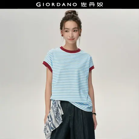 设计师款佐丹奴小飞袖T恤女夏新款撞色条纹圆领短袖t恤女18325817图片