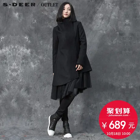 sdeer圣迪奥女褶皱立领斜襟毛呢大衣外套S15481823🌛商品大图