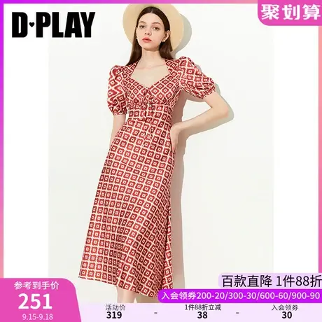 DPLAY2023夏新复古老花蝴蝶结系带美背高腰泡泡袖法式鱼尾连衣裙商品大图