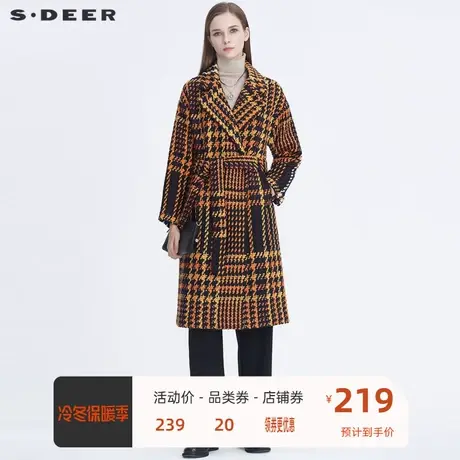 sdeer圣迪奥女装西装领复古格纹收腰中长款毛呢大衣S20461821🏡商品大图