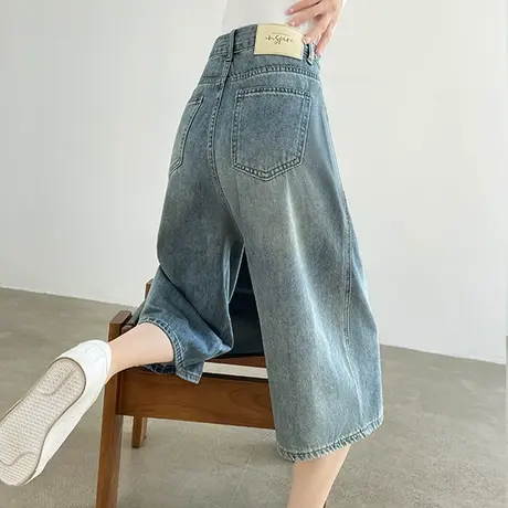 七分牛仔裤女夏季薄款高腰宽松显瘦百搭复古美式六分直筒阔腿中裤图片