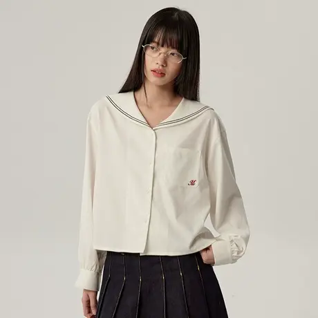 omont蛋挞家航海日记复古海军领长袖衬衫2025春季设计感衬衣上衣图片