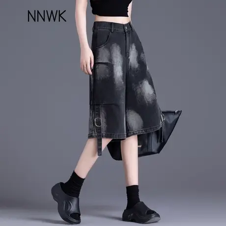 美式工装牛仔短裤女夏薄款黑色宽松直筒阔腿中裤设计感小众五分裤图片