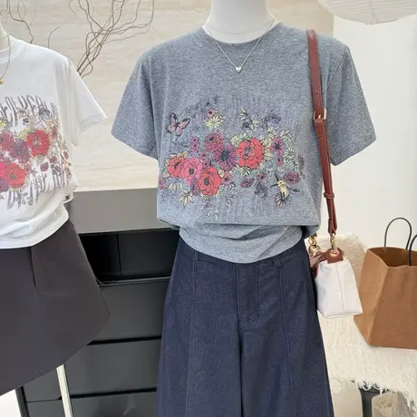 通勤百搭宽松印花短袖t恤女柔软宽松显瘦薄款雪花棉凉感时尚上衣图片
