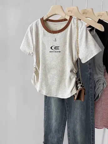 复古chic正肩t恤女大码修身辣妹穿搭短袖夏ins收腰短款褶皱小上衣商品大图