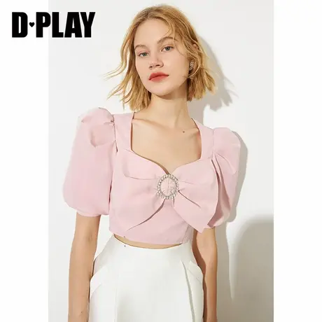 DPLAY德帕拉夏季新款甜美灰粉大蝴蝶结短款小衫复古短袖上衣商品大图