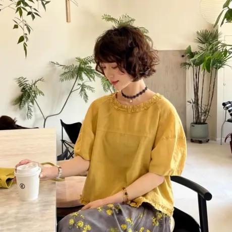 韩系木耳边圆领短袖衬衫女2025夏季新款温柔减龄洋气上衣设计衬衣图片