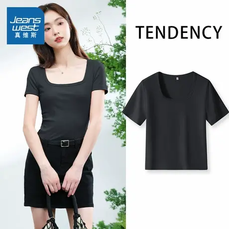 KMV真维斯黑色短袖t恤女2025新款方领短款紧身正肩休闲运动打底衫商品大图