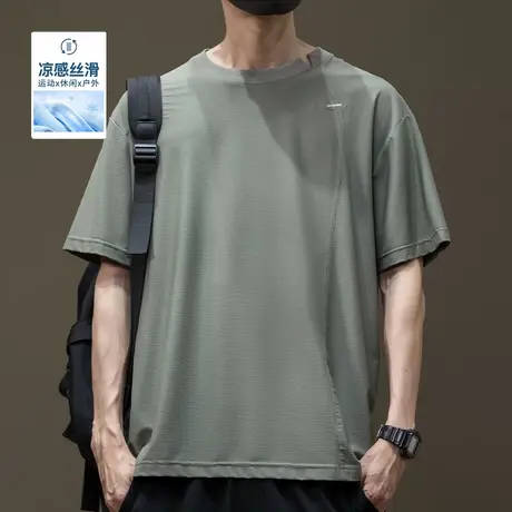 高弹速干凉感短袖T恤男士2025夏季新款宽松大码拼接刺绣胖子体恤商品大图