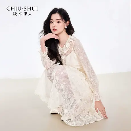 秋水伊人时尚简约连衣裙2025春季新款浪漫优雅蕾丝绣花镂空裙子图片