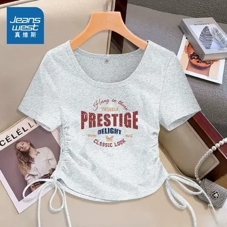 KMV真维斯U领短袖t恤女2025新款夏短款小个子掐腰超好看上衣体恤商品大图