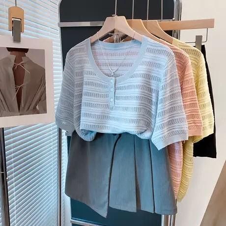 镂空圆领开襟针织衫女2025夏装新款宽松慵懒风上衣薄短袖t恤衫潮图片