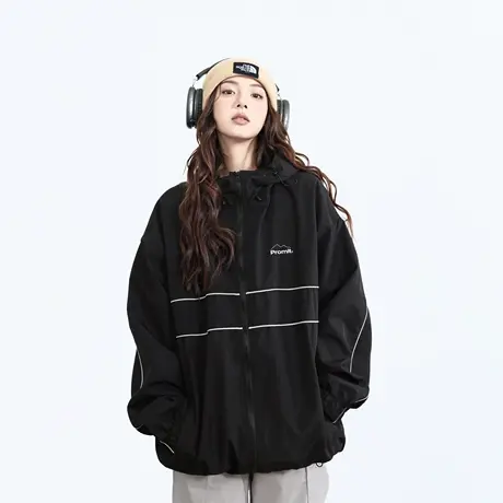 复古黑色潮牌连帽外套女春秋2025年新款宽松街头美式运动夹克上衣图片