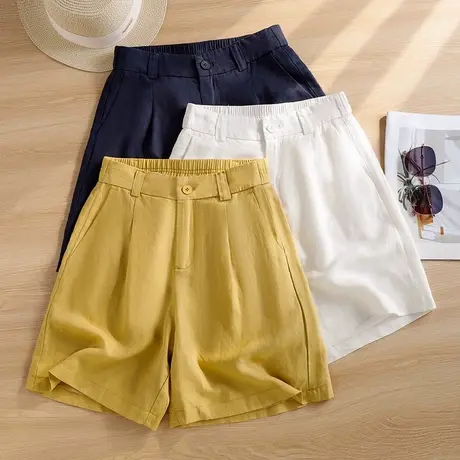 拉夏贝尔亚麻短裤女夏季薄款2025新款高腰宽松休闲外穿阔腿五分裤商品大图
