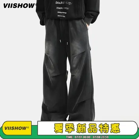 VIISHOW美式水洗做旧卫裤男春季潮牌拼接阔腿裤高街潮牌休闲裤子图片