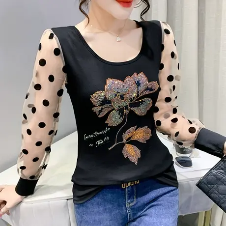 网纱拼接打底衫女长袖洋气修身百搭圆领上衣欧货烫钻超火T恤春装商品大图