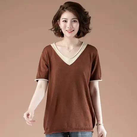 中年妈妈短袖针织衫女薄款夏季加肥加大码女装宽松V领显瘦t恤上衣图片