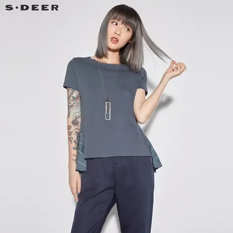 sdeer圣迪奥休闲蓝白条纹拼接圆领不规则摆全棉短袖T恤S18280136图片