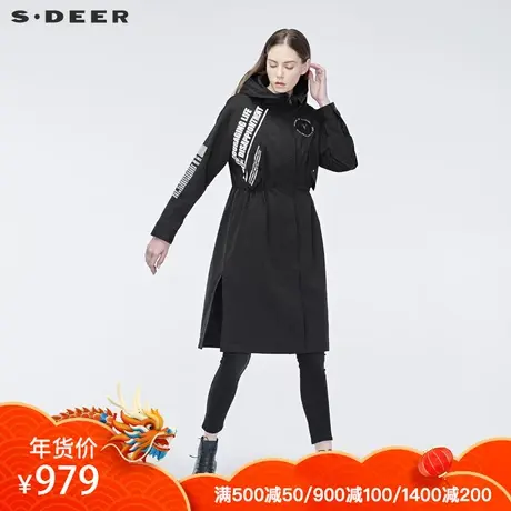 sdeer圣迪奥休闲连帽字母图案贴布开衩下摆长款风衣S19161805图片