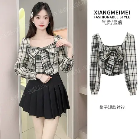 蝴蝶结格子上衣设计小众法式长袖衬衫2024气质通勤休闲时尚上衣商品大图