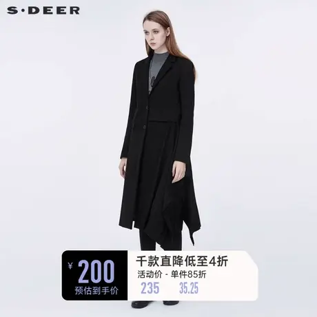 sdeer圣迪奥春装女装平驳领不规则风琴褶黑色长款大衣S20381826图片