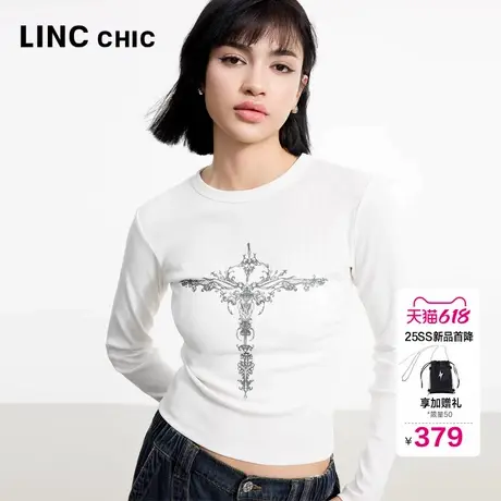 LINC金羽杰打底衫上衣女2025新款圆领印花修身长袖T恤女FK077YY图片