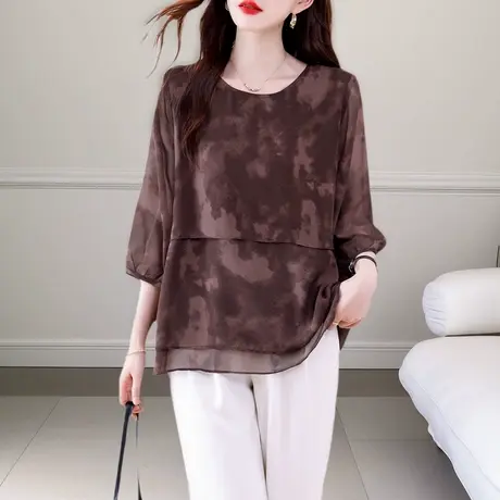 七分袖妈妈雪纺衫女夏季2025新款上衣胖MM宽松大码遮肚显瘦小衫女商品大图