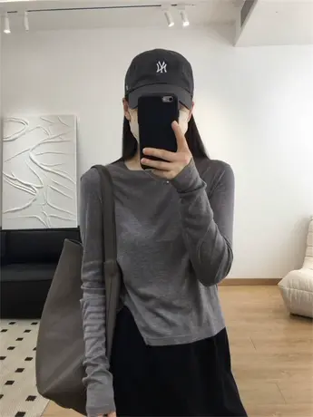 灰色莱赛尔开叉套头短款T恤春秋季上衣女装新款圆领长袖时尚洋气商品大图