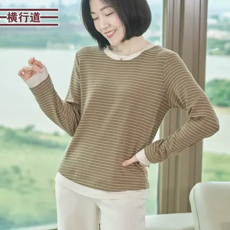 假两件套撞色条纹宽松长袖上衣服2025春季新款打底衫小衫女装t恤图片