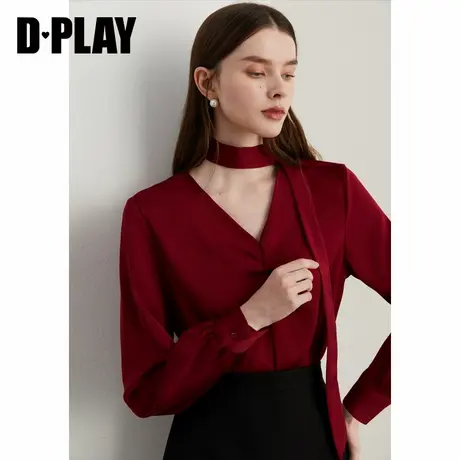 DPLAY秋通勤风红色v领扭结缎面小衫垂感气质衬衫衬衣上衣女商品大图